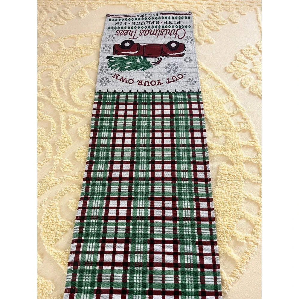 Christmas Truck Table Runner Plaid Holiday Farmhouse Decor Red Green Truck 74x13